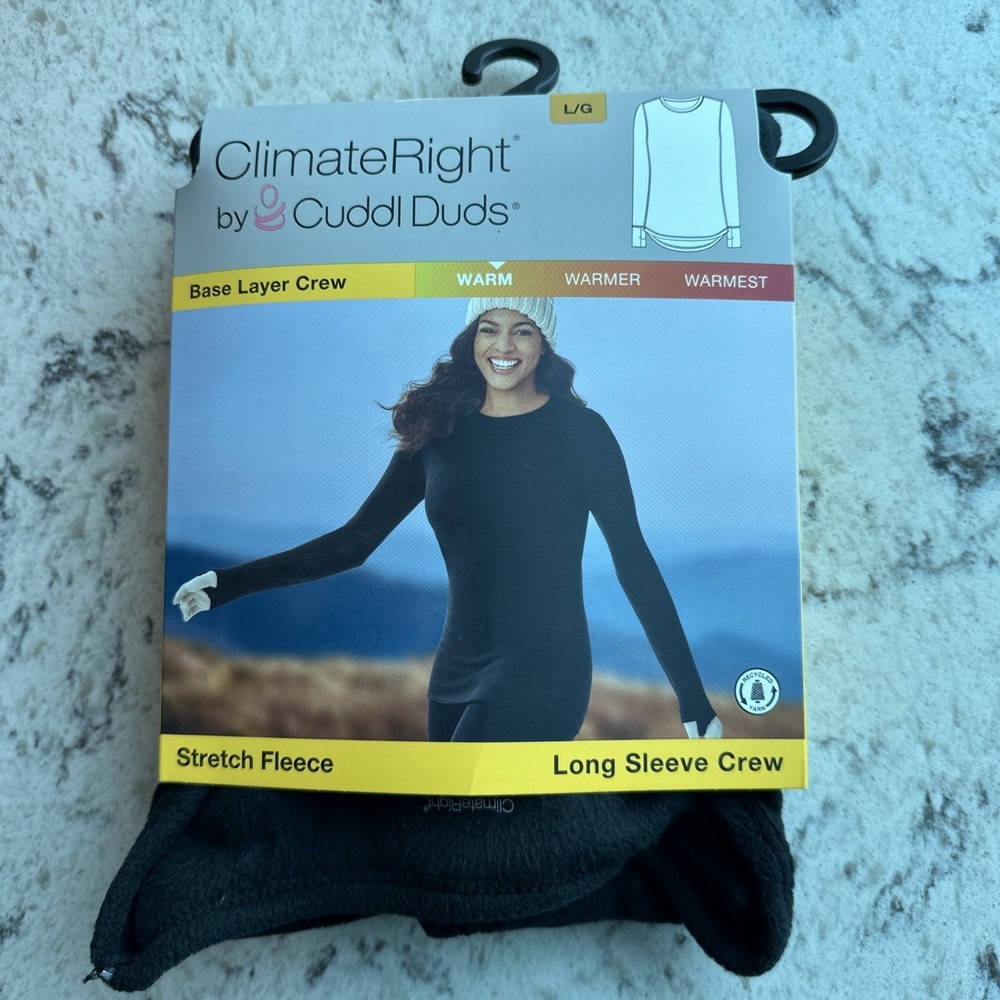 Cuddl Duds Climate Right Women's Long Sleeve Crew Stretch Fleece Shirt Black Lar